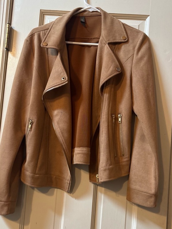 Alya Jackets & Blazers - Alya Suede-Look Tan Moto Jacket with Gold Zippers